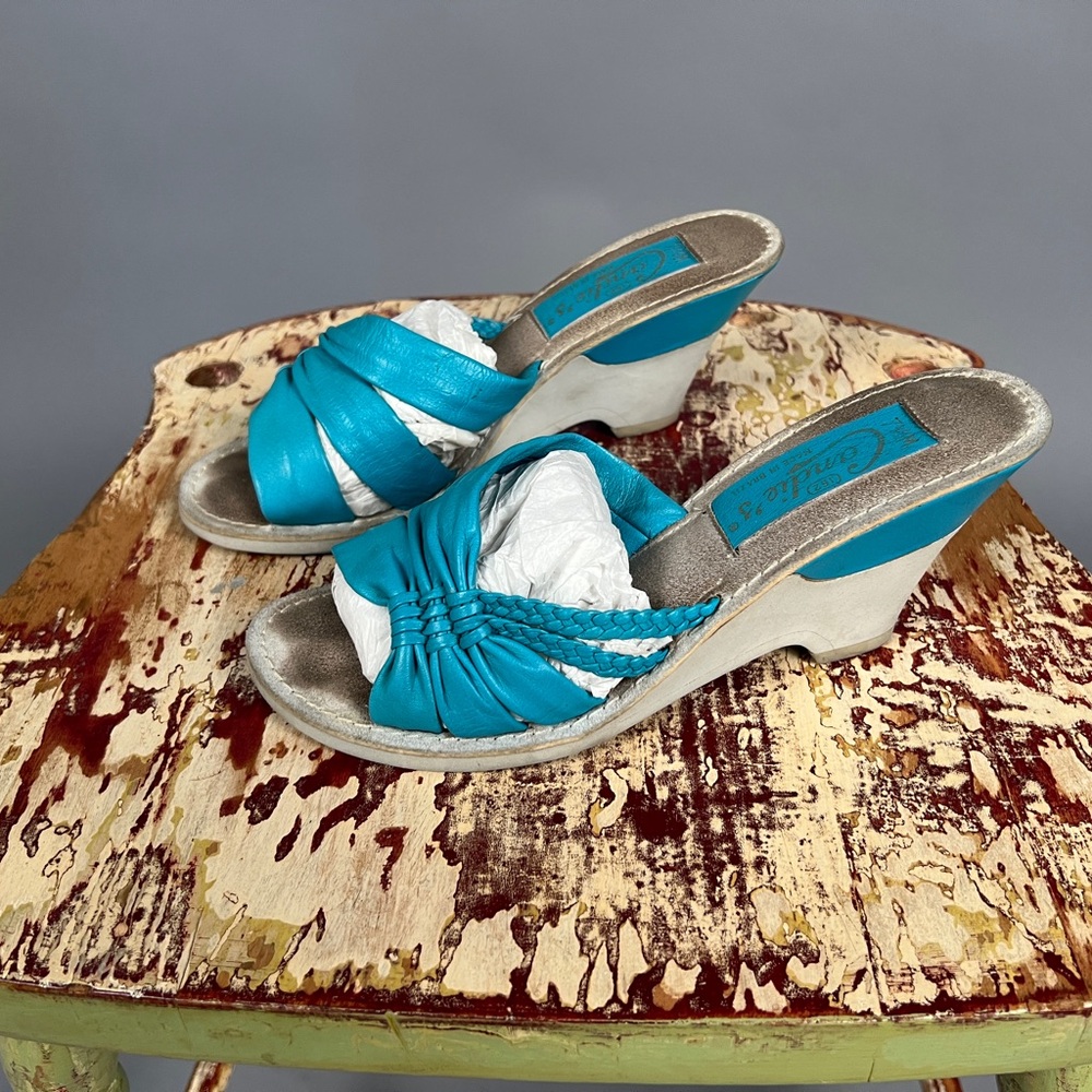 Vintage turquoise blue Candies braided leather wedge mule heels fit size 7/7.5